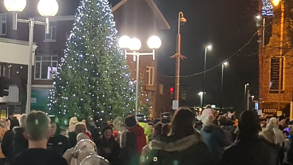 Christmas tree lit up in Brierley Hill cropped
