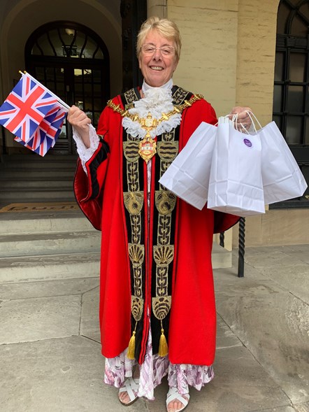 The Mayor of Dudley gets ready to hand out goody bags for jubilee street parties