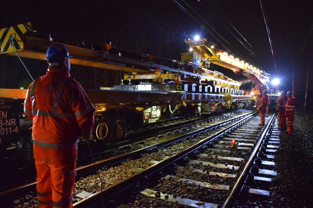 Kirow and tilting Wagon being used to deliver new track at Shenfield Easter