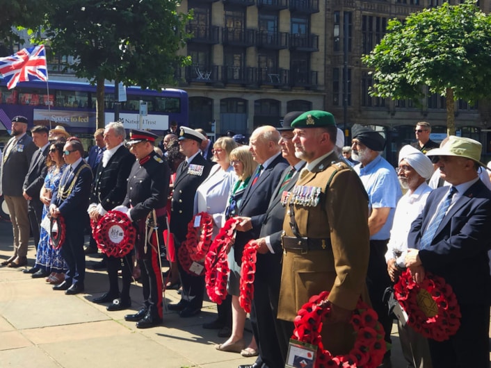 VJ DAY25 17: Lord Mayor of Leeds Cllr Dan Cohen (fourth from left) with civic leaders and veterans' representatives preparing to lay wreaths at the war memorial for mark VJ Day 80 years on