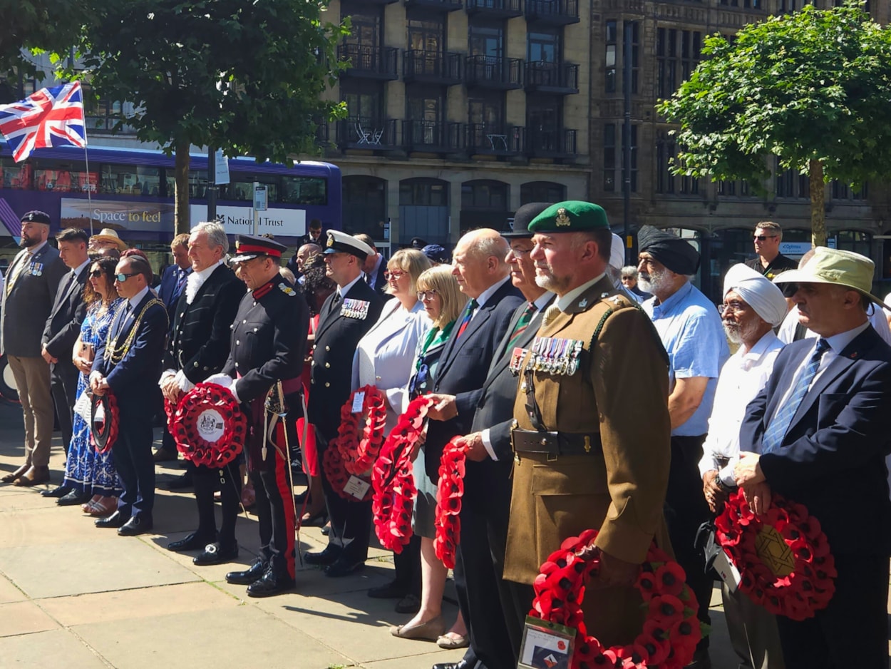 VJ DAY25 17: Lord Mayor of Leeds Cllr Dan Cohen (fourth from left) with civic leaders and veterans' representatives preparing to lay wreaths at the war memorial for mark VJ Day 80 years on
