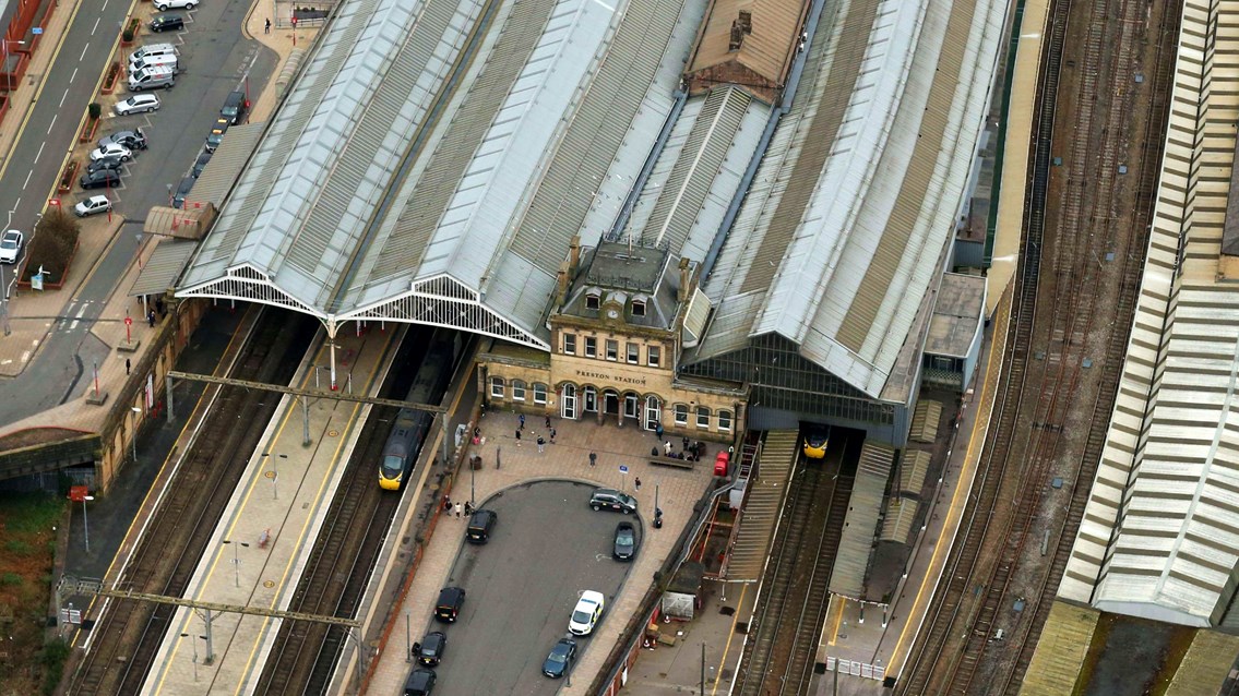 Helicopter shot of Preston Station - Credit Network Rail Air Operations