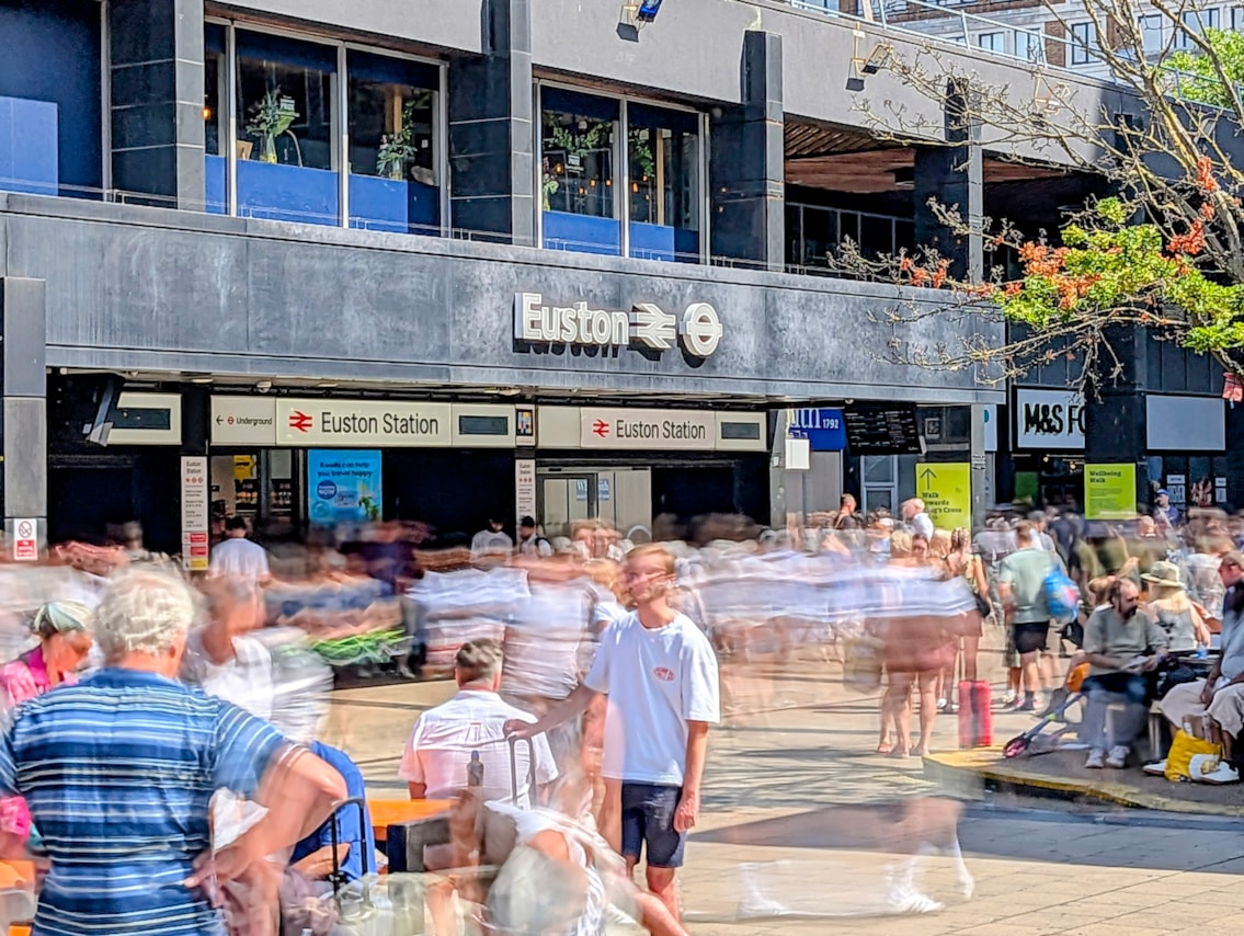 View of Euston station entrance and piazza - summer 2026