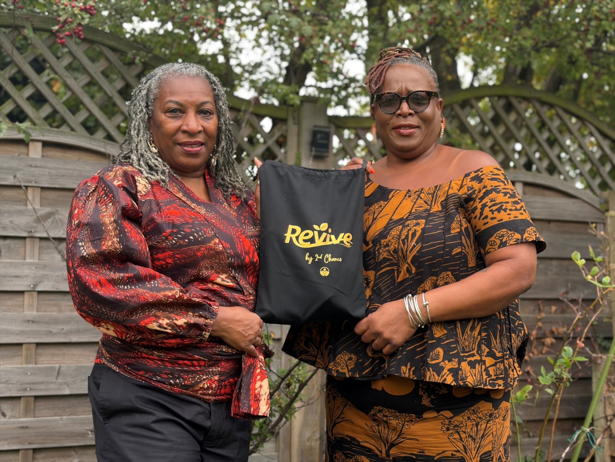 RevivebySecondChance 1: Foster carers Eren Weekes, left, and Marina Active, who have created hair and skincare packs for Black and dual-heritage children in care.
