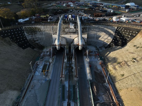 Chiltern Tunnel, Janaury 2023: Aerial view of the entrance to HS2's 10mile long Chiltern Tunnel - the longest tunnel drive on the project.