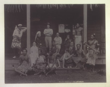 Stevenson’s family and staff at Vailima, Samoa, May 1892. Belle Strong (inset) sits on the steps just below Fanny, with her son, Austin. Her soon to be banished husband, Joe, stands at the far left, with their cockatoo.