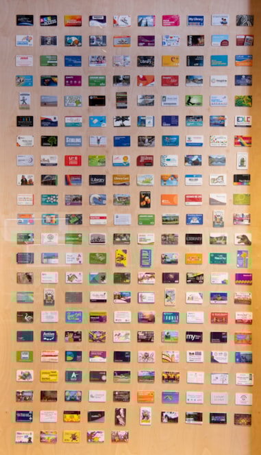 Library cards collected by author Joseph Coelho during his library marathon. Credit Alison Gibson, National Library of Scotland.