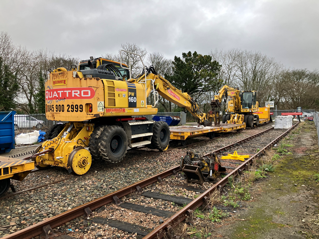 Road-rail vehicle at Truro depot to remove and lay track during work: Road-rail vehicle at Truro depot to remove and lay track during work