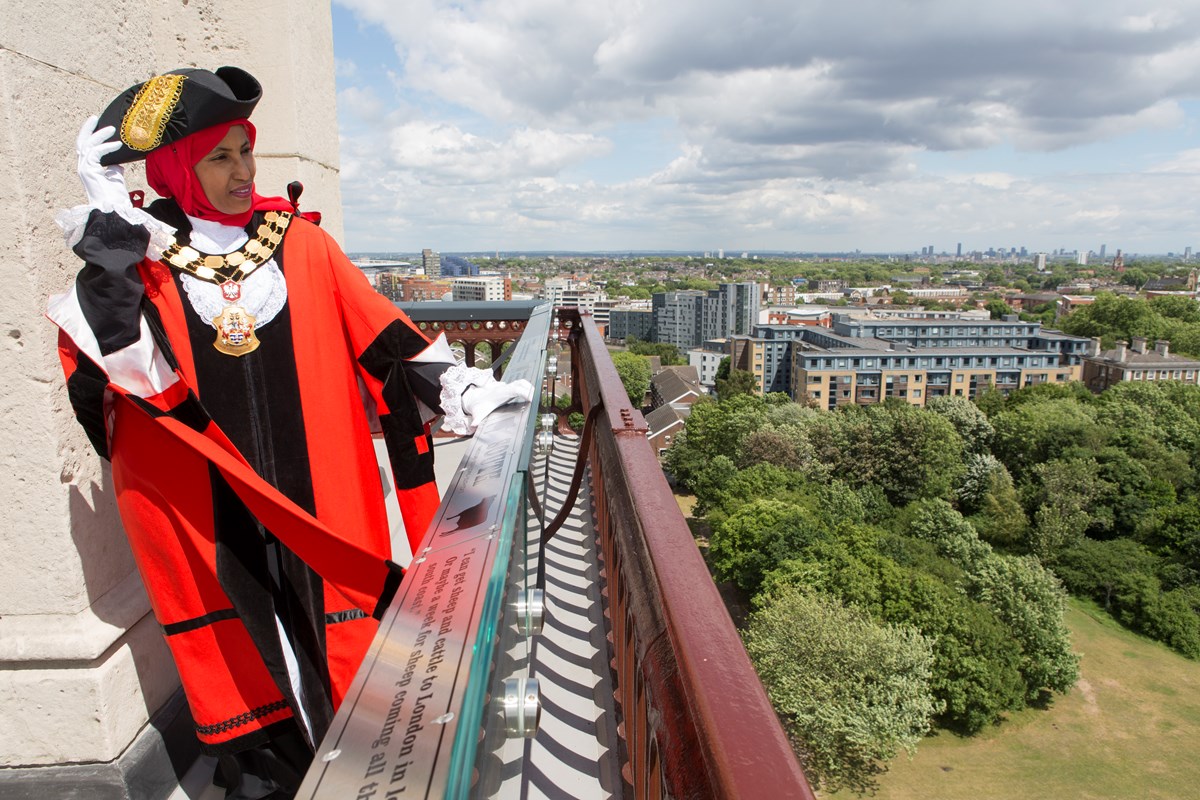 The Mayor of Islington, Cllr Rakhia Ismail, at the top of the newly opened Caledonian Clock Tower