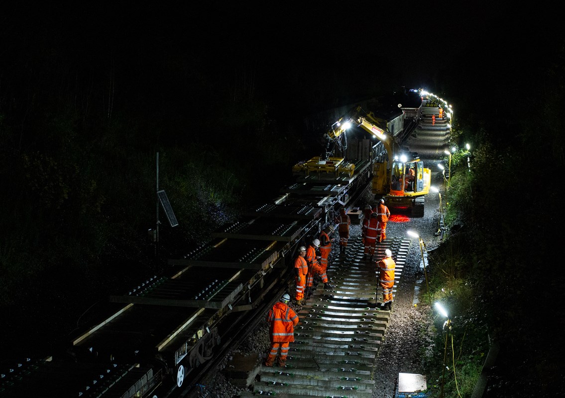 Engineering work at night: Laying new sleepers in Whitstable