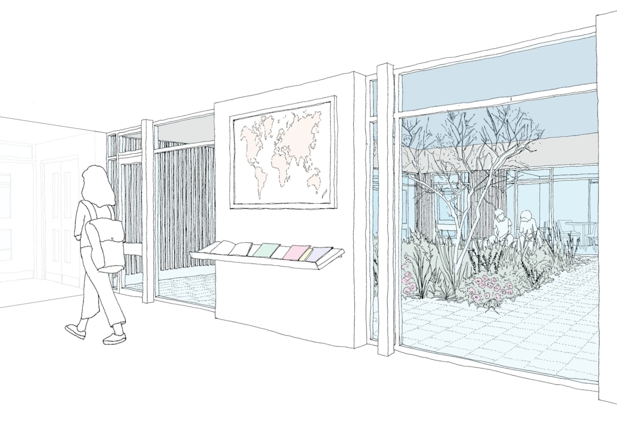 Proposed new library space looking into the re-established internal courtyard -illustration created by Gollifer Langston Architects as part of the feasibility study for the Baden Powell site