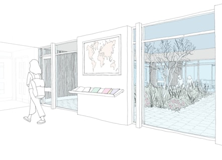 Proposed new library space looking into the re-established internal courtyard -illustration created by Gollifer Langston Architects as part of the feasibility study for the Baden Powell site