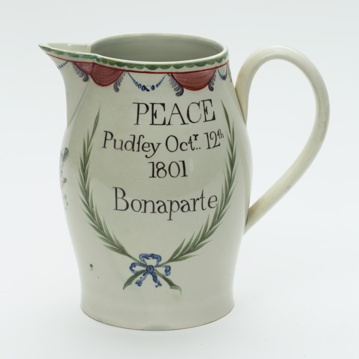 Pudsey peace jug: A Pudsey peace jug, purchased with support from The Friends of Leeds City Museum and made by local potter John Sugden in 1801 to mark Napoleon Boneparte’s signing of the Concordat of 1801 with Pope Pius VII.