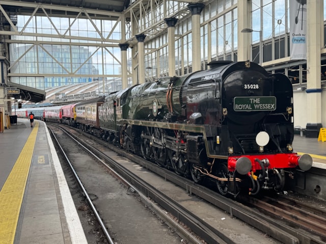 Merchant Navy Class Clan Line No. 35028 was stationed in front of Inspiration, the Railway 200 Exhibition Train, when it visited London Waterloo in July