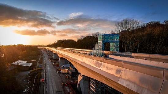 Aerial view of HS2's Colne Valley Viaduct at sunset 1