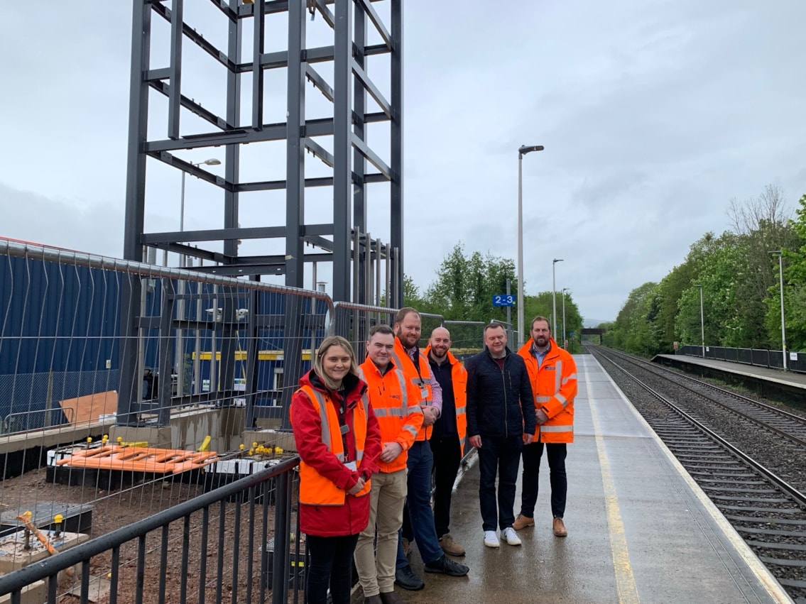 Torfaen MP Nick Thomas-Symonds and Network Rail staff at Cwmbran station