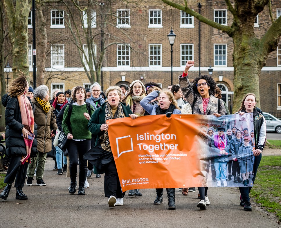 Cllr Kaya Comer-Schwartz lead the Islington Together Women's Walk through Highbury Fields