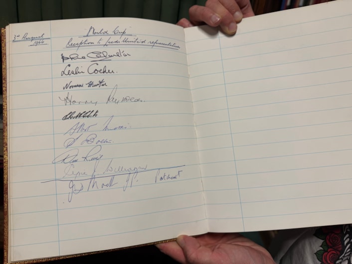 World Cup heroes at library: The book and photograph date from August 3, 1966 when then Lord Mayor of Leeds, Alderman Joshua S Walsh, hosted a prestigious civic reception honouring the victorious players at Leeds Civic Hall.