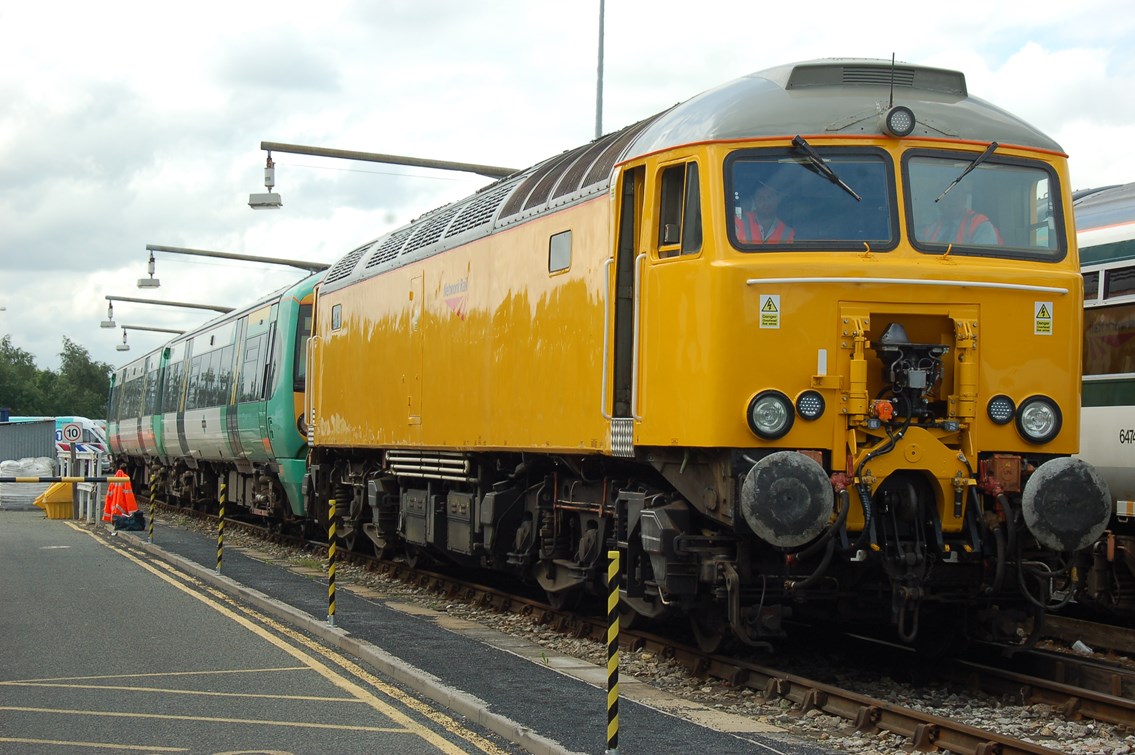 Network Rail Class 57/3: A Network Rail Class 57/3 adapted for rescuing failed EMUs, plus hauling the snow and ice treatment trains in the south.