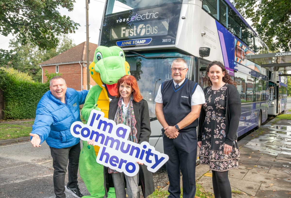 Anne Stamp (centre) with Chris Marsden from YO1 Radio, Snappy the charity mascot, driver Neil Allatt and Jenny Bartlett from First Bus