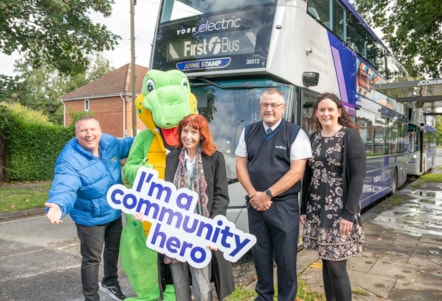 Anne Stamp (centre) with Chris Marsden from YO1 Radio, Snappy the charity mascot, driver Neil Allatt and Jenny Bartlett from First Bus