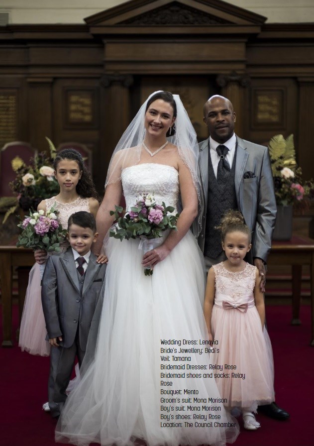 Adrian Binns (groom), Jodie Meloche (bride), and (from left) Myah, Kieran and Lexie Meloche model an entire wedding family ensemble in an image from the #FRFV lookbook.