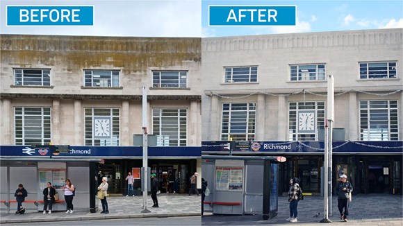 South Western Railway’s iconic Art Deco Richmond station being refurbished: Richmond station before and after cleaning