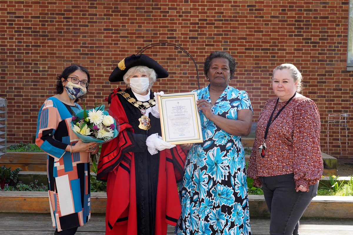 Rosalyn Tyrell receiving her Civic Award from Islington Mayor Cllr Janet Burgess