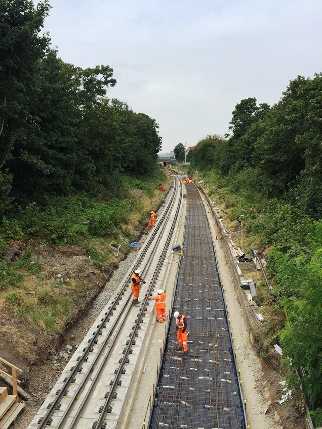 Gospel Oak to Barking line closes this weekend as work starts to prepare for longer electric trains: Slab track being laid on the Gospel Oak to Barking line