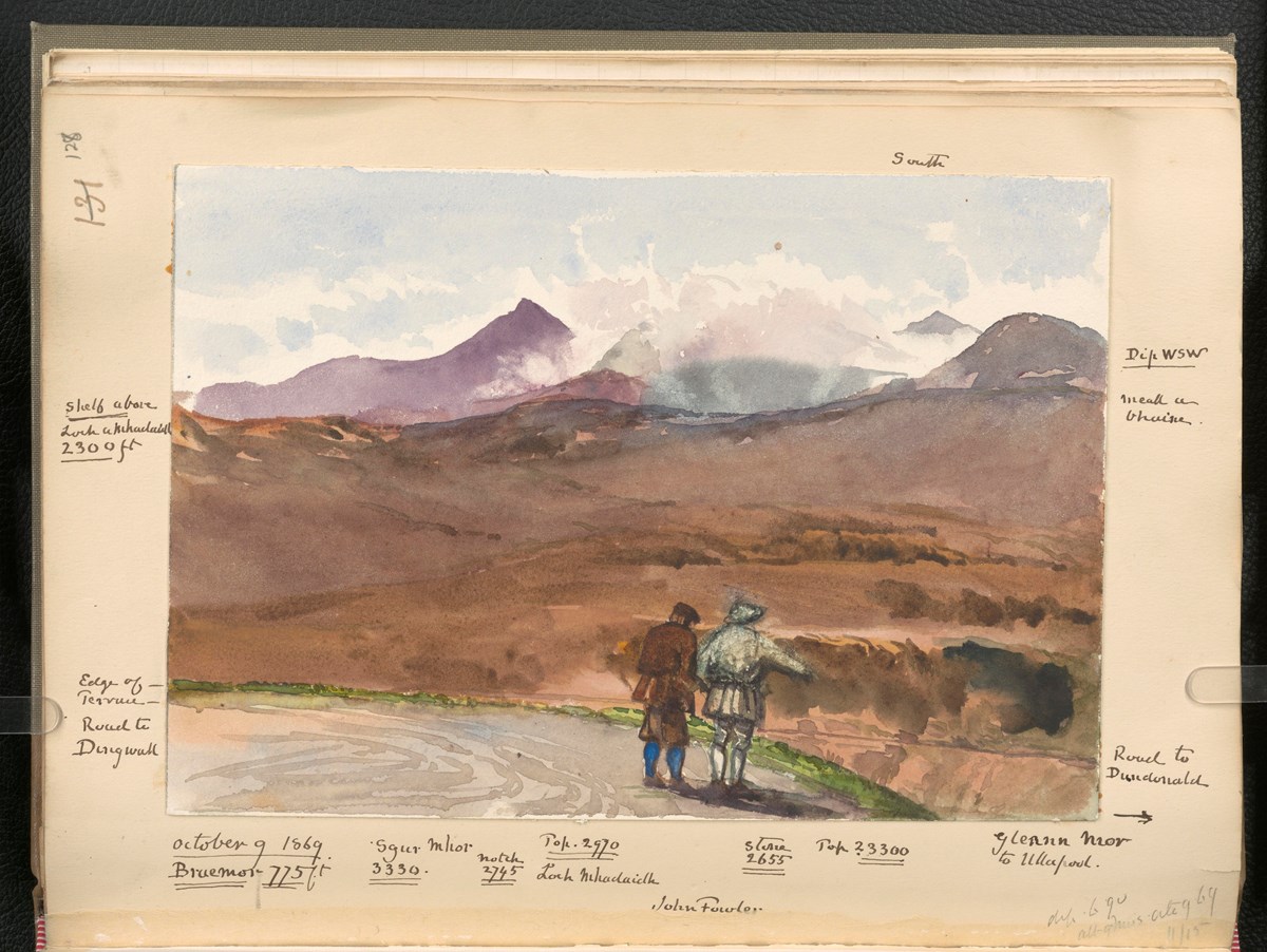Hills near Ullapool with two people in the foreground seen from behind, one of them labelled John Fowler, the person with whom John Francis Campbell stayed at that time. From a journal kept by John Francis Campbell and illustrated with watercolours and photographs describing his activities for the l