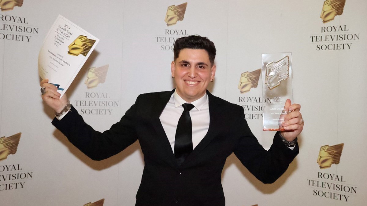 University of Cumbria Wildlife Media Class of 2022 graduate Alexandros (Alex) Leontiades, winner of the Environment and Sustainability category of the Royal Television Society North East and The Border 2023 awards, held at the Newcastle Gateshead Hilton on Saturday 25 February 2023. 
PICTURE CREDIT: