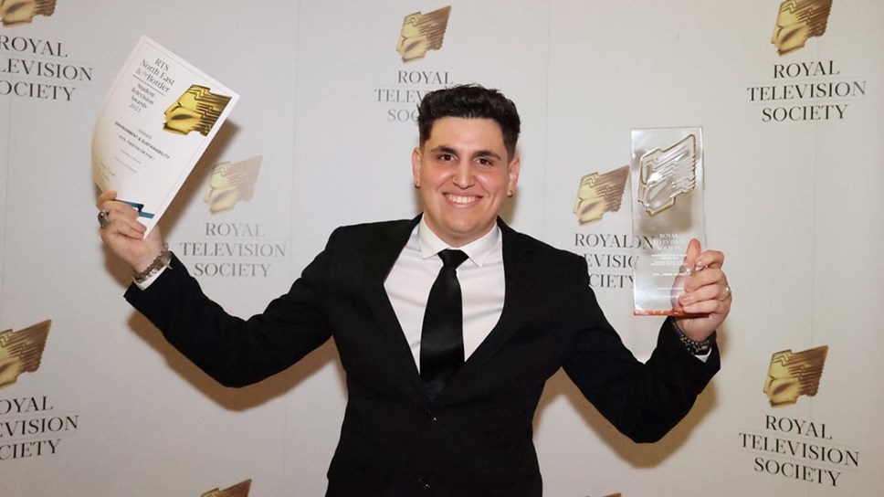 University of Cumbria Wildlife Media Class of 2022 graduate Alexandros (Alex) Leontiades, winner of the Environment and Sustainability category of the Royal Television Society North East and The Border 2023 awards, held at the Newcastle Gateshead Hilton on Saturday 25 February 2023. 
PICTURE CREDIT: Royal Television Society