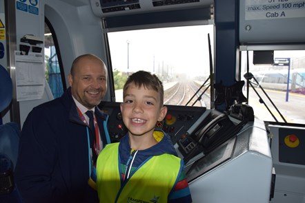 Steve Whitehead and Ernie in a Class 185 driver's cab about to set off to York