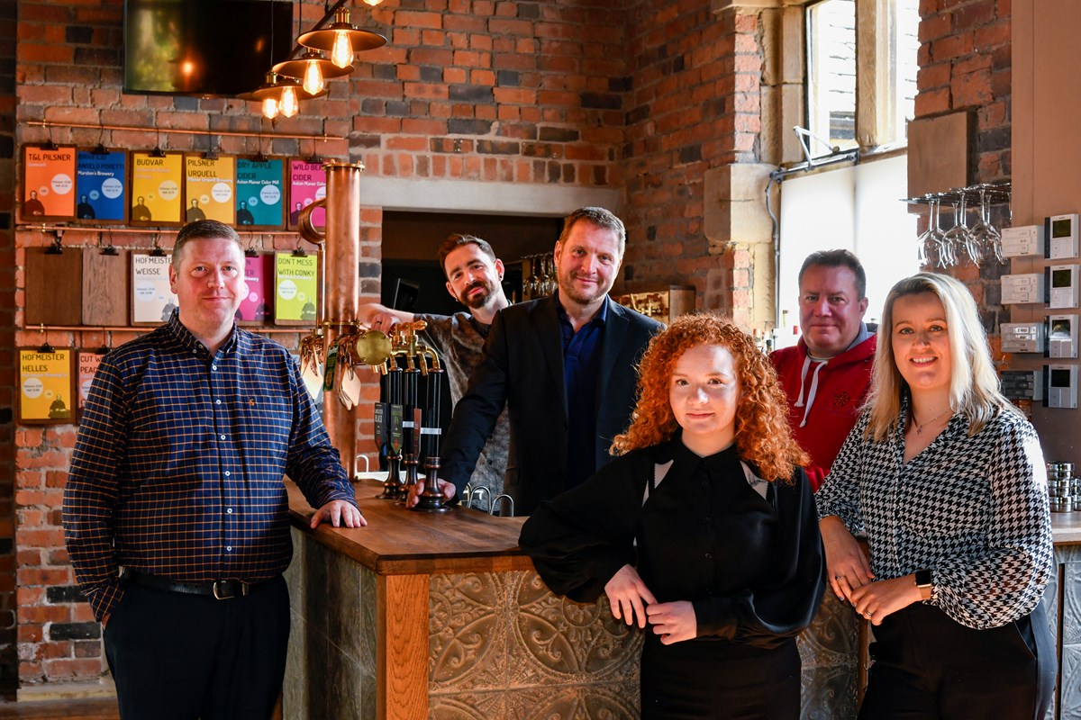 (L-R): Michael Byrne (Avanti West Coast Station Manager at Lancaster); James Craig (Venue Manager); Phil Simpson (Director, Lancaster Brewery); Niamh Holland-Aspinall (Bar Supervisor); Matt Jackson (Director, Lancaster Brewery); Gemma Carradice (Senior Manager)