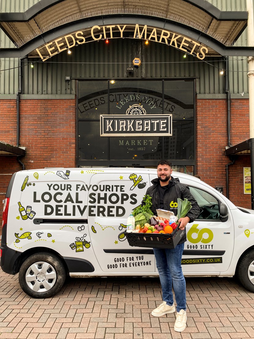 Leeds Kirkgate Market launches brand new online shopping experience and sustainable local delivery service: Good Sixty Hub Manager Harrison Tunnacliffe outside Leeds Kirkgate Market