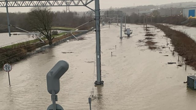 Network Rail to spend £60m on drainage in Yorkshire & North East to tackle disruption brought by landslips: Major flooding near Rotherham in South Yorkshire (Photo taken 20 Feb 2022) cropped