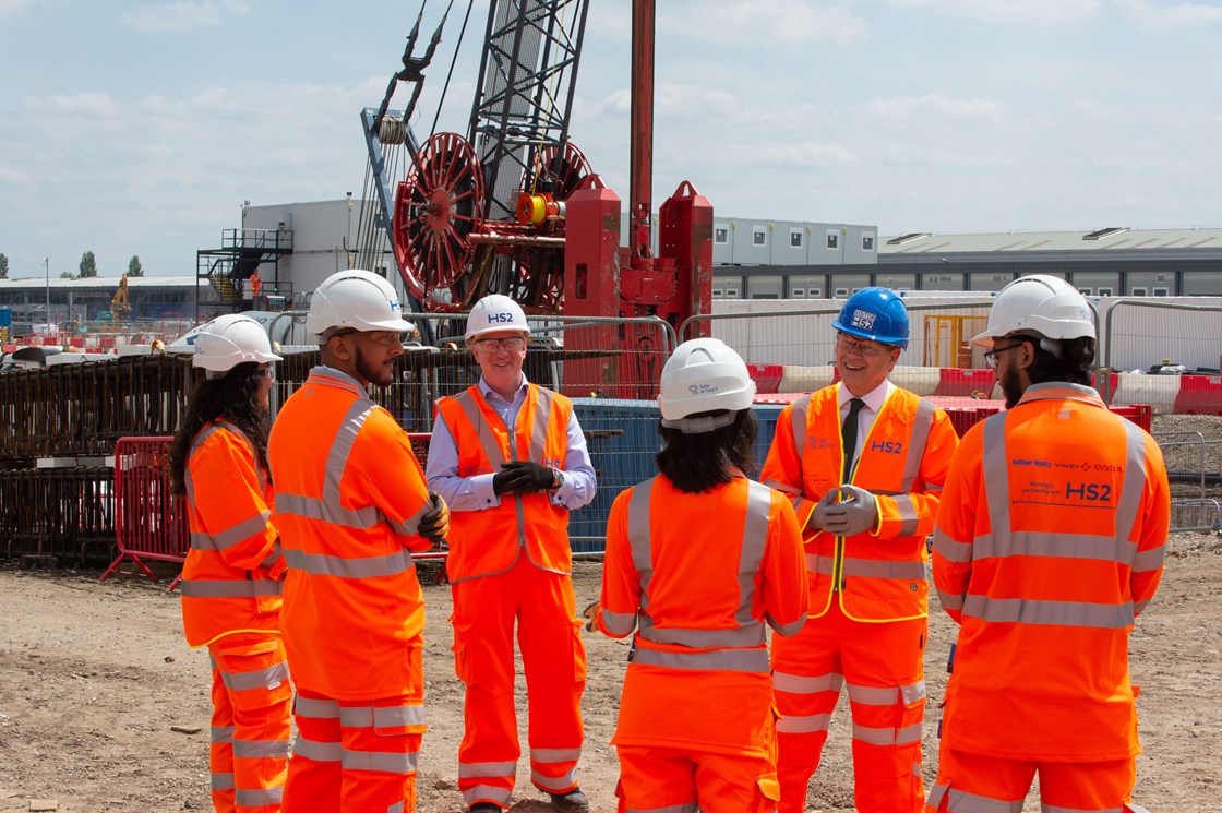 Old Oak Common Station Construction Start of Works: Transport Secretary, Rt Hon Grant Shapps MP, and Mark Thurston meet BBVS apprentices working on the construction of the HS2 super-hub at Old Oak Common