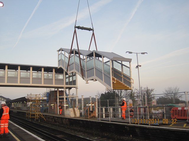 Sittingbourne Access For All footbridge: The new footbridge at Sittingbourne station is lifted into place as part of a multi-million pound investment to improve accessibility, funded through the government's Access for All scheme
