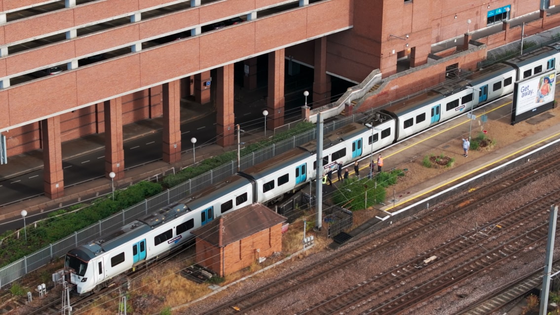 Aerial view of first ECML ETCS train leaving Welwyn Garden City