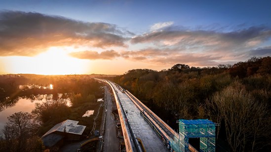 Aerial view of HS2's Colne Valley Viaduct at sunset 3