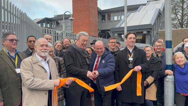 Motspur Park station receives accessibility upgrades in its centenary year: Paul McAleer, Paul Kohler MP, Cllr Mike Brunt and Steve Meek cut the ribbon at Motspur Park station