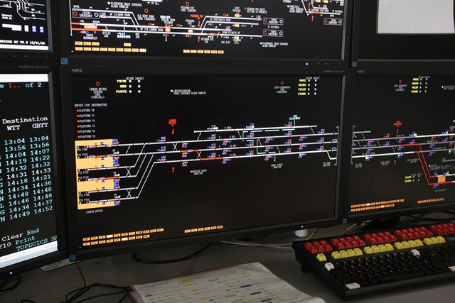 London Bridge signallers' workstation: Close up of London Bridge south side on a WestCAD workstation. Based at Three Bridges Rail Operating Centre after Thameslink Programme moved them from London Bridge box itself.