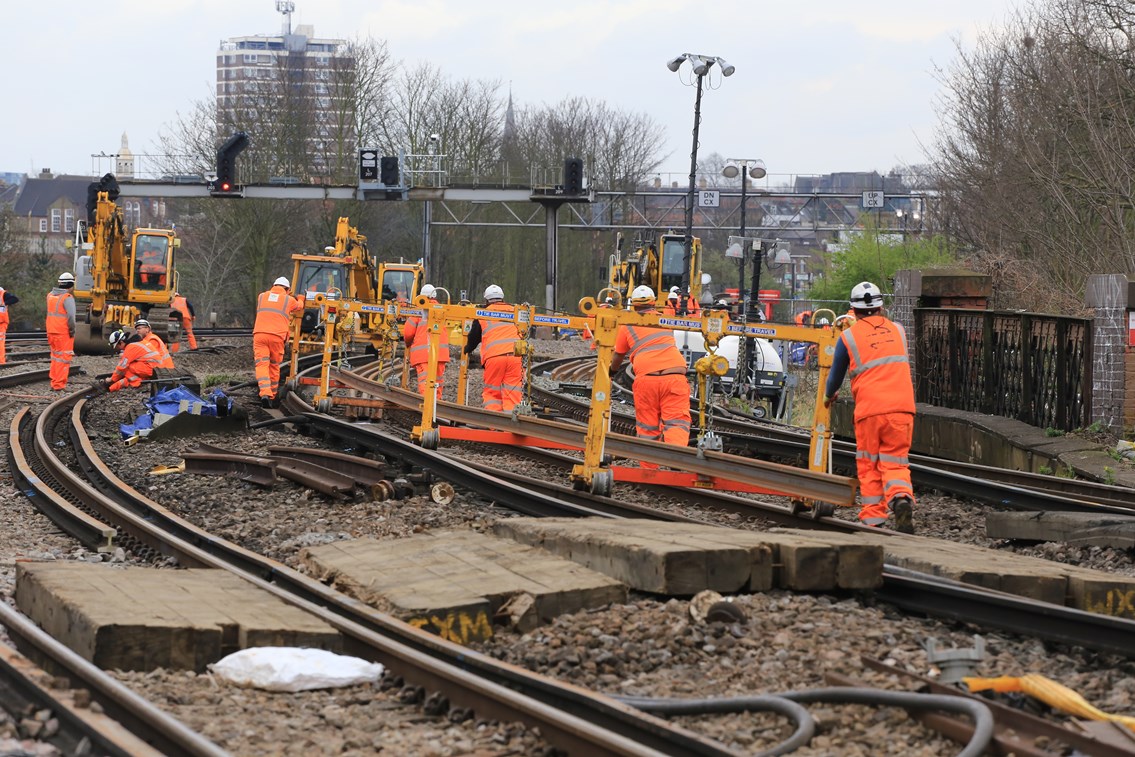 Easter 2015 New rail is pushed to site at New Cross