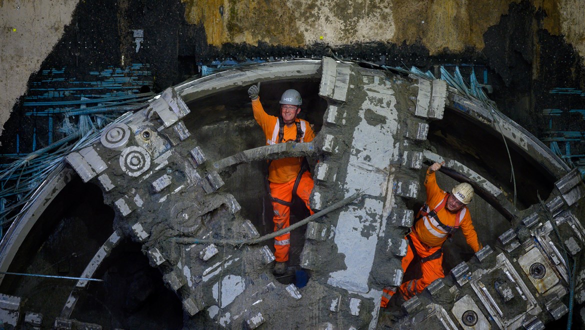 Completion of HS2 logistics tunnel paves the way for high-speed line to Euston: HS2 tunnellers operating Atlas Road Logistics Tunnel TBM Lydia celebrate breaking through into the Old Oak Common Box