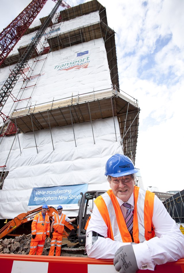 Stephenson Tower demolition starts: Cllr Mike Whitby, leader of Birmingham City Council at the start of demolition of the 1960s-built Stephenson Tower, once considered as luxury flats. (30 June 2011)