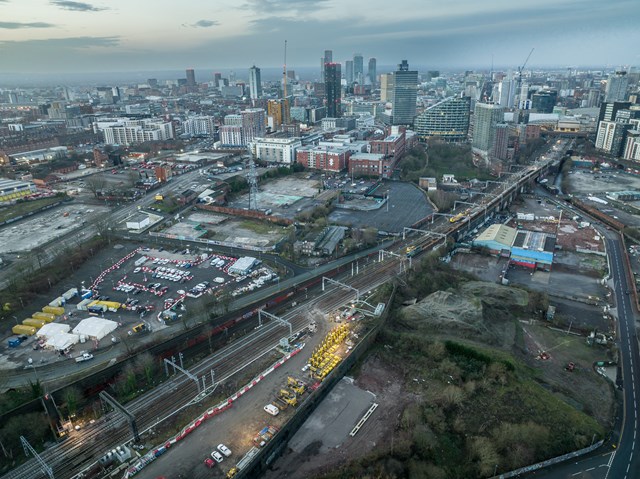 Aerial shot railway work near Manchester Victoria