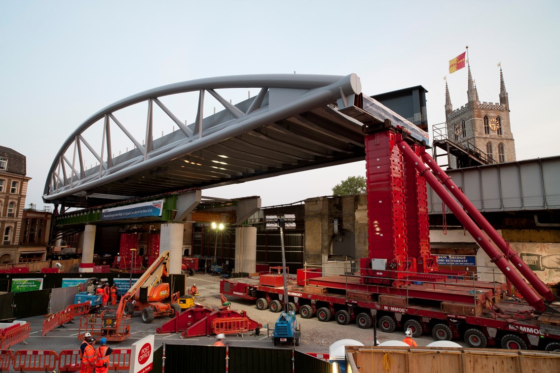 Borough Viaduct 1: A striking new railway bridge is launched into place over Borough High Street over a single weekend (30 April - 1 May 2011) to play a vital role in increasing capacity, reducing delays and providing better connections for the 50m passengers who travel through London Bridge every year. - Thameslink