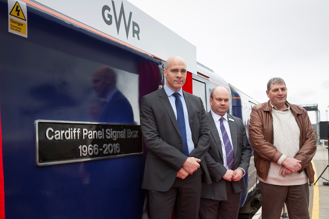 Cardiff Panel Signal Box train naming ceremony 2: Pictured from left to right: Route managing director for Network Rail Wales Paul McMahon, GWR’s managing director Mark Hopwood and signaller Colin Pritchard.