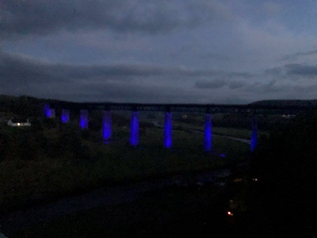 Findhorn viaduct lit up blue (2)
