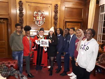 Deputy Young Mayor Abubakar Finiin, Y Cllr Crystal Thoms, Mayor Cllr Dave Poyser, Y Mayor Honey Baker, Y Cllr Tsedenia Asrress, Y Cllr Lydia Banjo, Y Cllr Arkan Ali Aqiil, Y Cllr Ayaan Abdulle and Y Cllr Jackie Appiah-Kubi